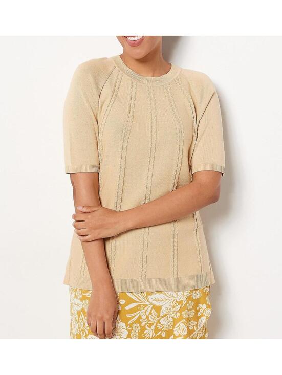 Isaac Mizrahi Sweaters - 3235 Isaac Mizrahi Live! Sunburst Cable Sweater Pullover ALMOND sz S